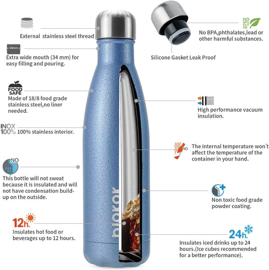 Insulated Stainless Steel Water Bottles, 17oz - Leak Proof, BPA Free, Keeps Drinks Cold for 24 Hours and Hot for 12 Hours, Lake Blue (Set of 2)