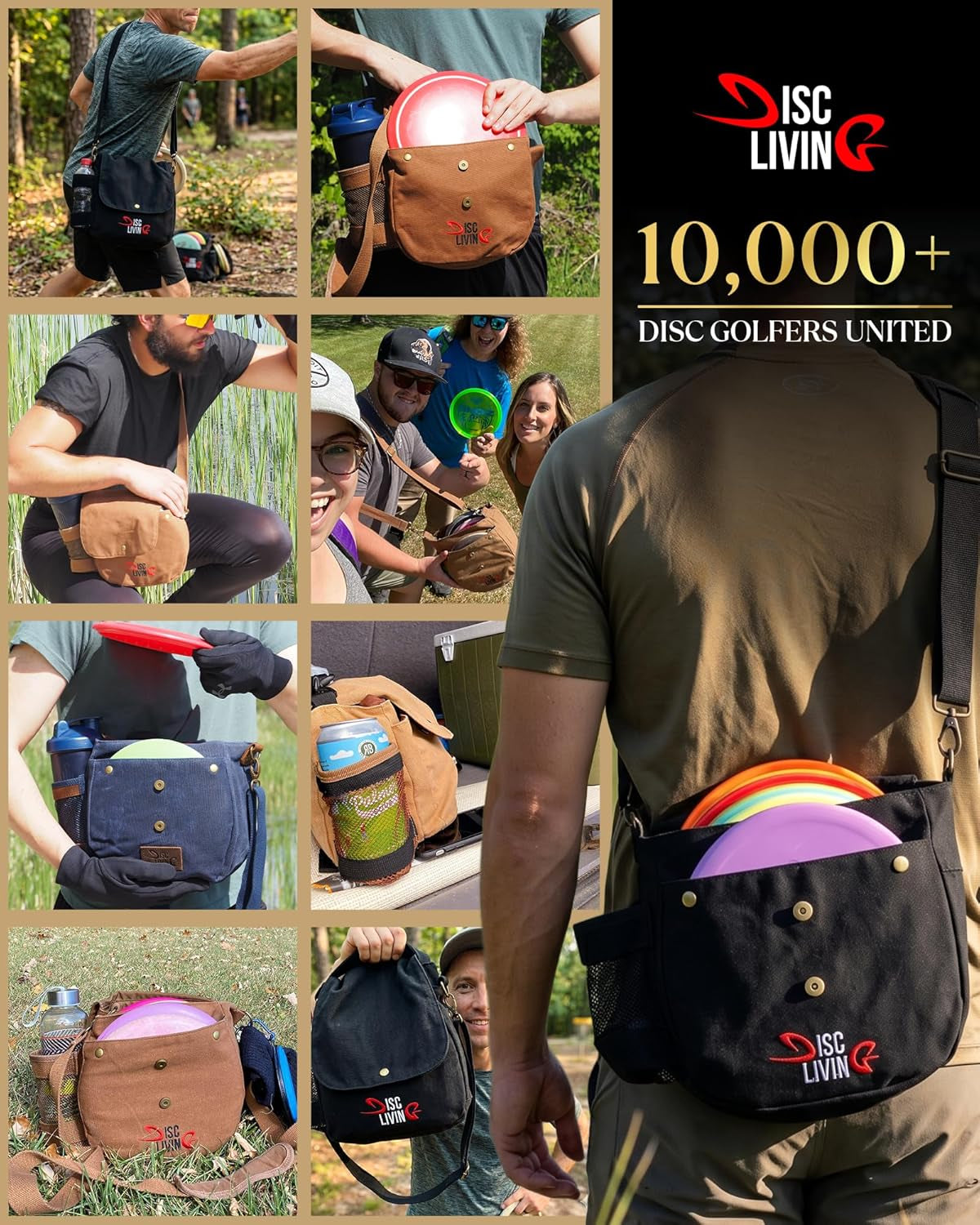 Disc Golf Bag - Lightweight and Durable Waxed Canvas Design, Holds Up to 10 Discs, Includes Bottle Holder and Belt Loop