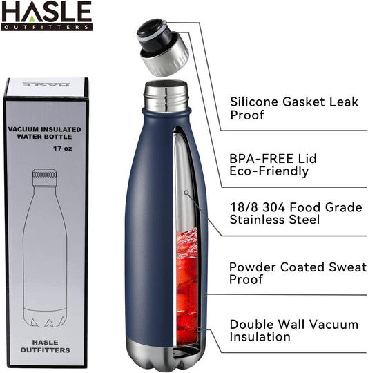 17 oz Vacuum Insulated Stainless Steel Water Bottles - Double Walled, Powder Coated, Reusable Metal Sports Bottles - Navy, Set of 4