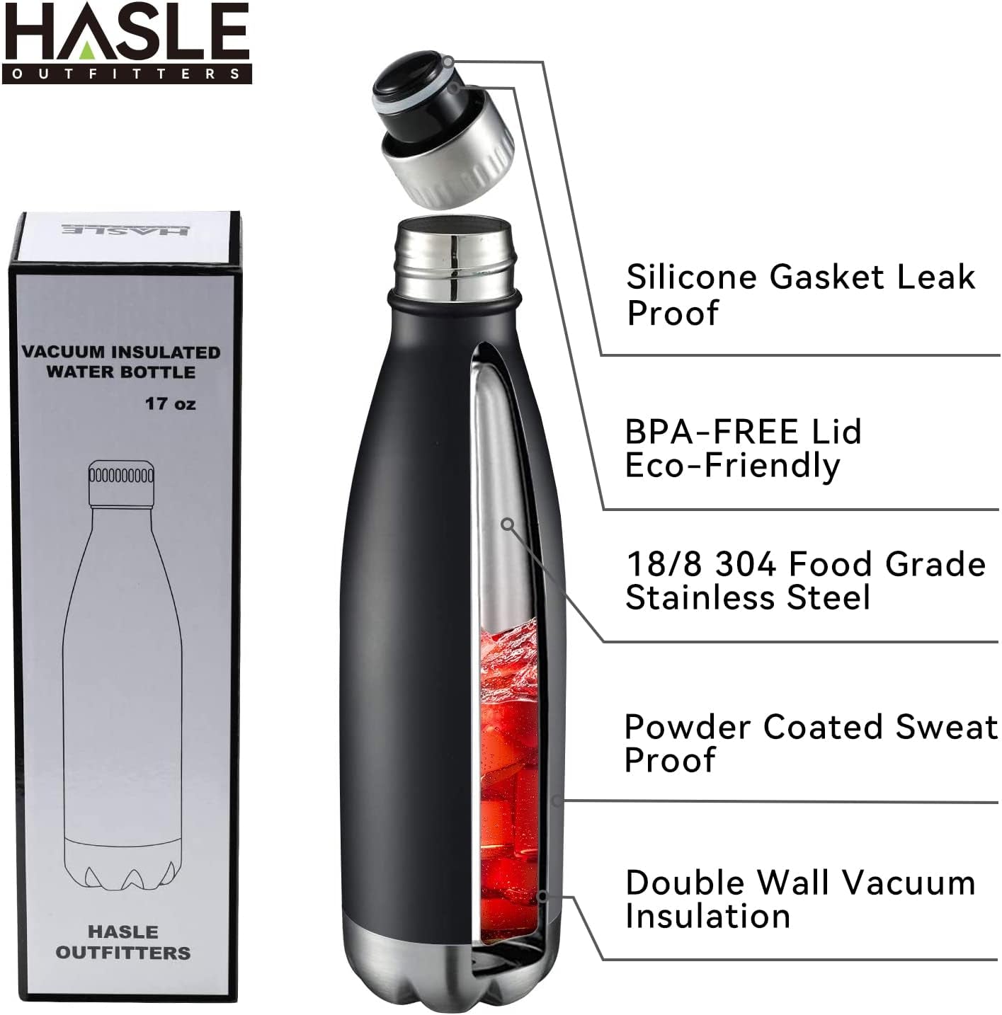 17 oz Vacuum Insulated Stainless Steel Water Bottles - Bulk Pack of 8, Double-Walled Design for Hot and Cold Beverages, Black Finish