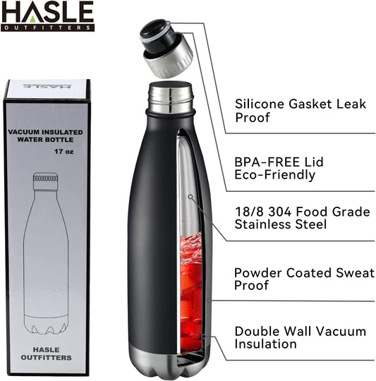 17 oz Vacuum Insulated Stainless Steel Water Bottles - Bulk Pack of 8, Double-Walled Design for Hot and Cold Beverages, Black Finish