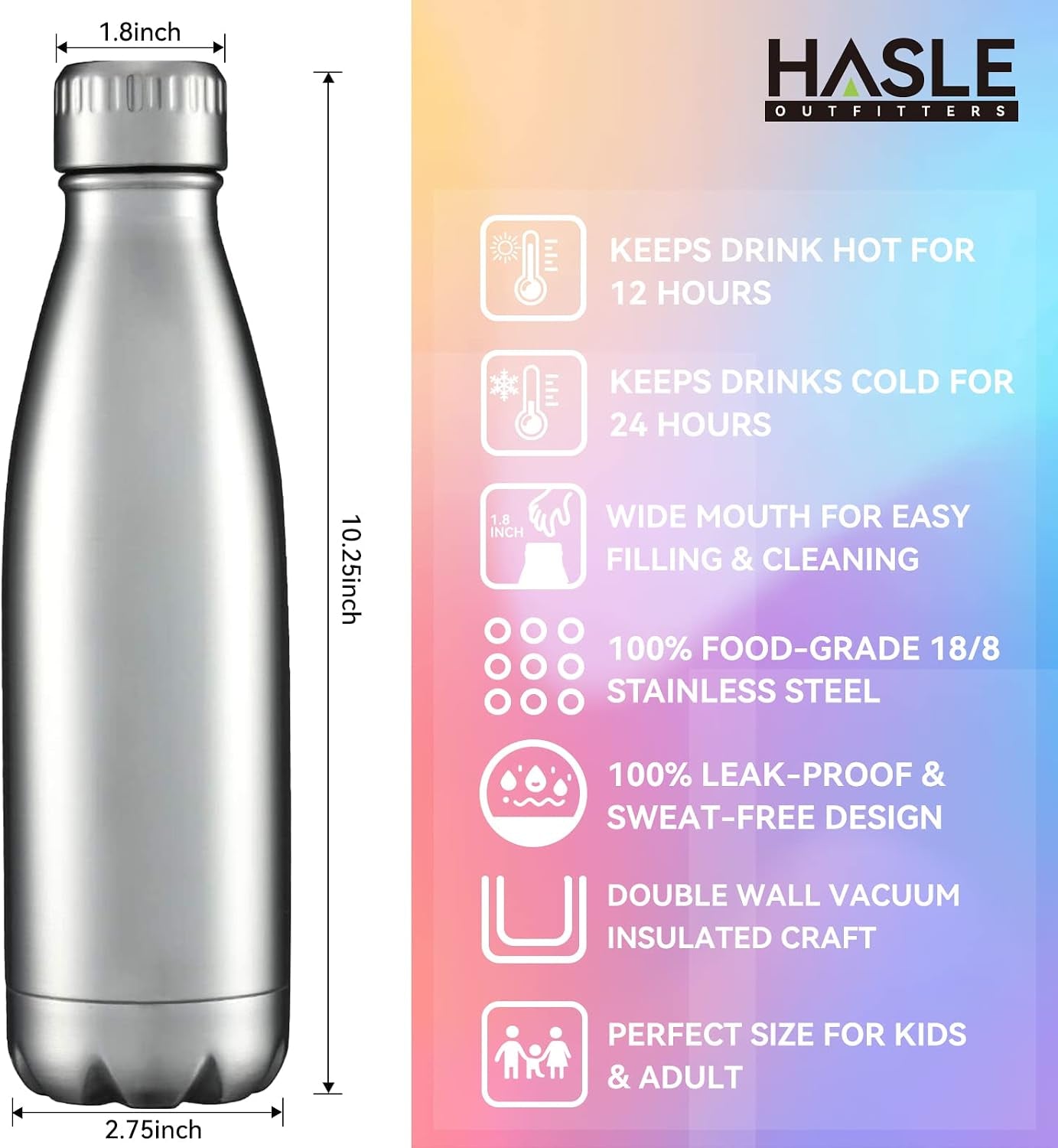 17 oz Stainless Steel Vacuum Insulated Water Bottles - Double-Walled Reusable Metal Sports Bottles for Hot and Cold Beverages, Set of 4