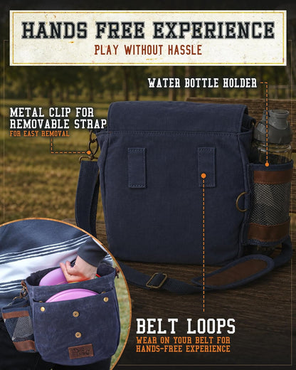 Disc Golf Bag - Lightweight and Durable Waxed Canvas Design, Holds Up to 10 Discs, Includes Bottle Holder and Belt Loop