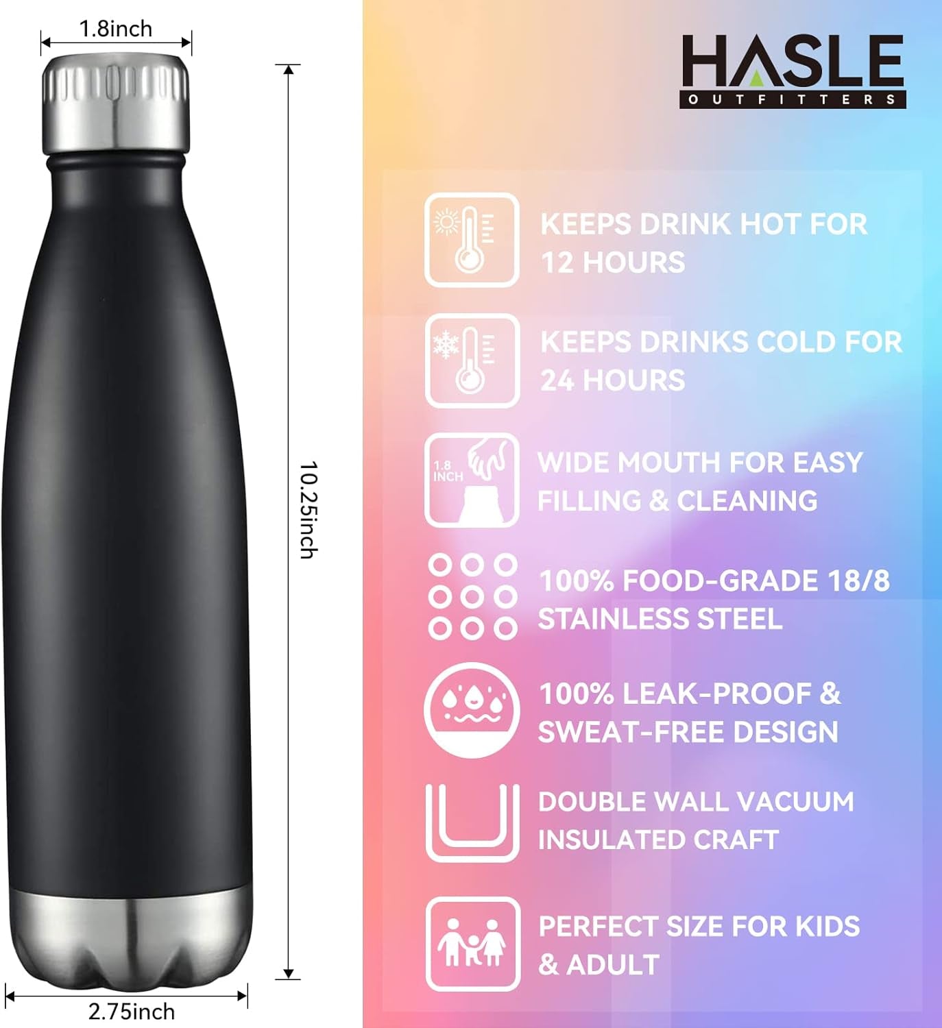 17 oz Vacuum Insulated Stainless Steel Water Bottles - Bulk Pack of 8, Double-Walled Design for Hot and Cold Beverages, Black Finish