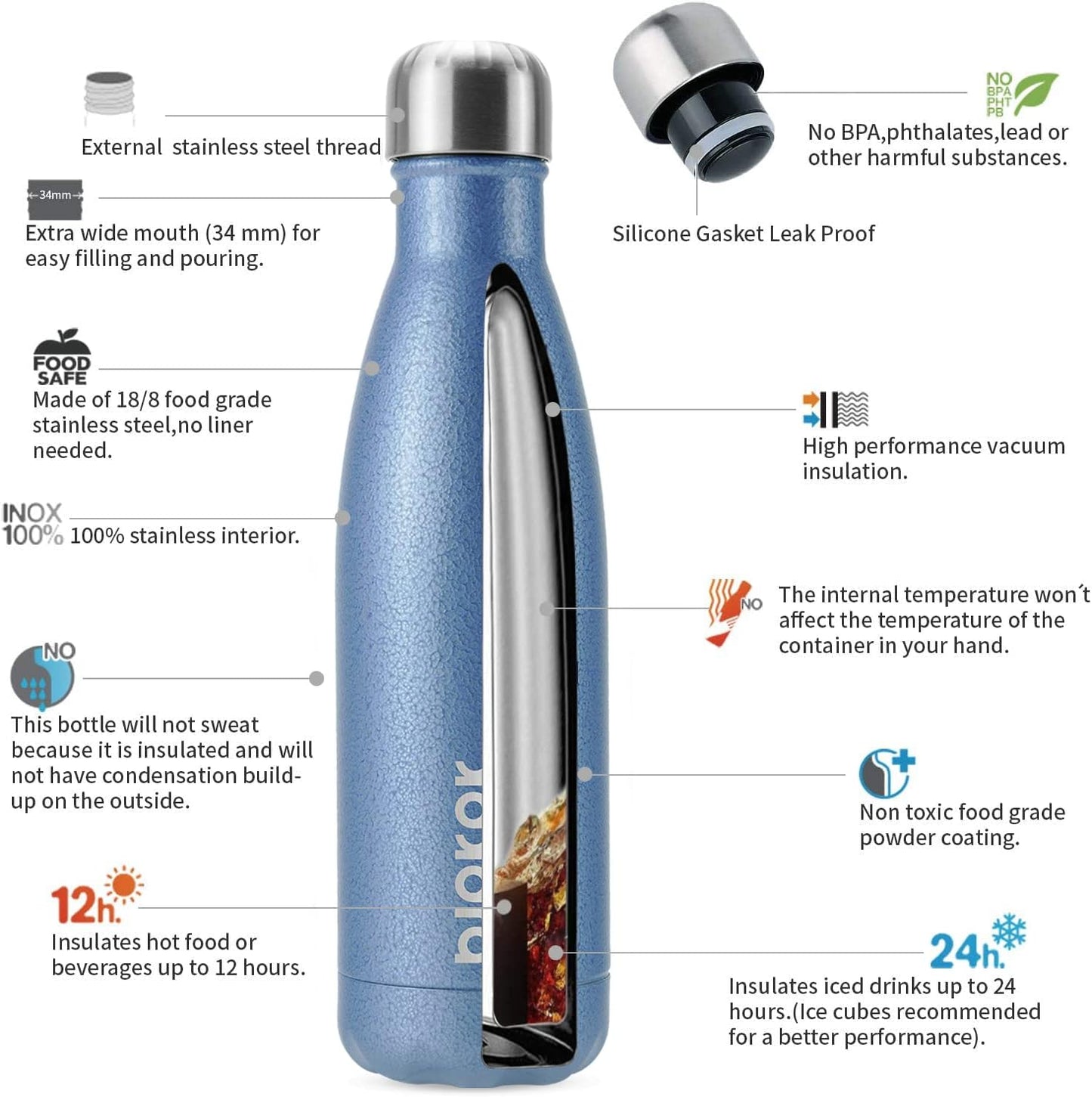 Insulated Stainless Steel Water Bottles, 17oz - Leak Proof, BPA Free, Keeps Drinks Cold for 24 Hours and Hot for 12 Hours, Lake Blue (Set of 2)