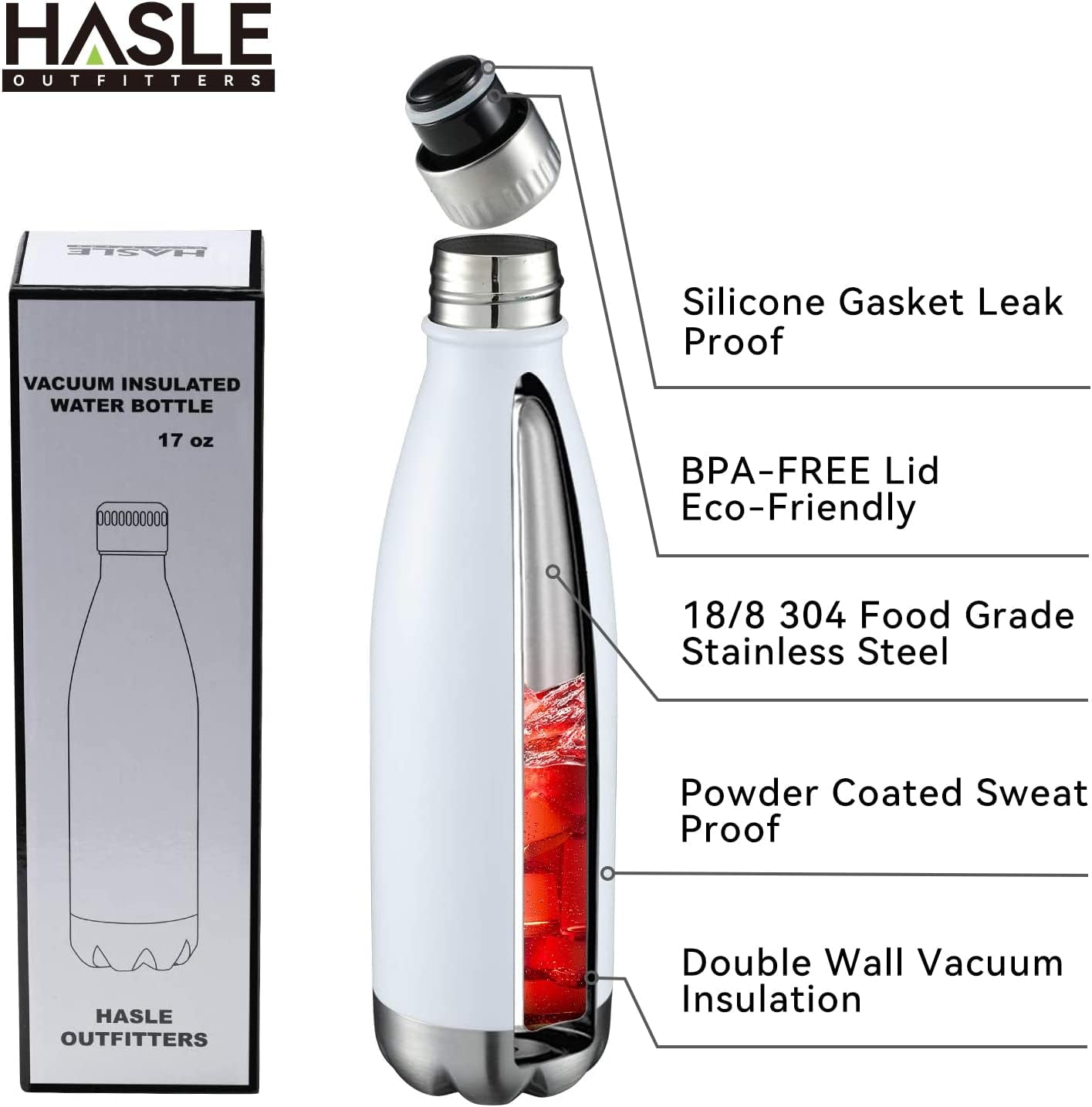 17 oz Stainless Steel Vacuum Insulated Water Bottles, Double-Walled Powder Coated Reusable Metal Sports Bottles, White, Set of 8