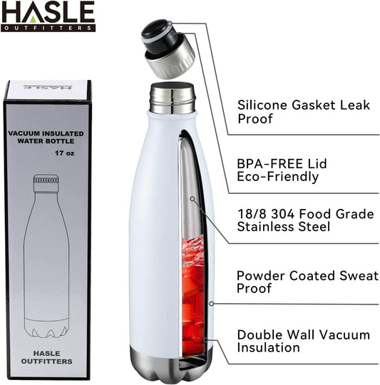 17 oz Stainless Steel Vacuum Insulated Water Bottles, Double-Walled Powder Coated Reusable Metal Sports Bottles, White, Set of 8