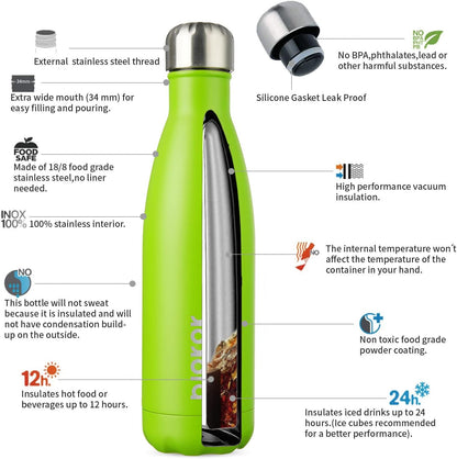 Insulated Stainless Steel Water Bottles - 17oz/500ml, BPA Free, Green - Pack of 5, Keeps Drinks Cold for 24 Hours and Hot for 12 Hours