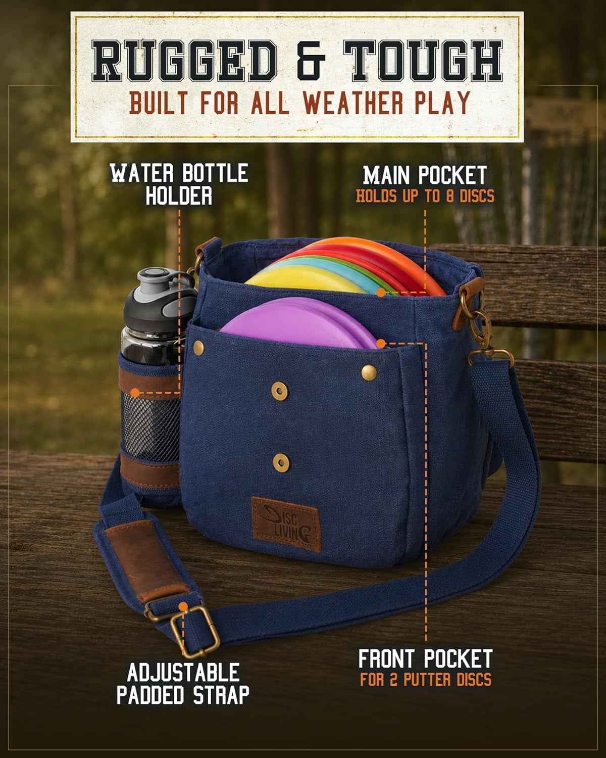 Disc Golf Bag - Lightweight and Durable Waxed Canvas Design, Holds Up to 10 Discs, Includes Bottle Holder and Belt Loop