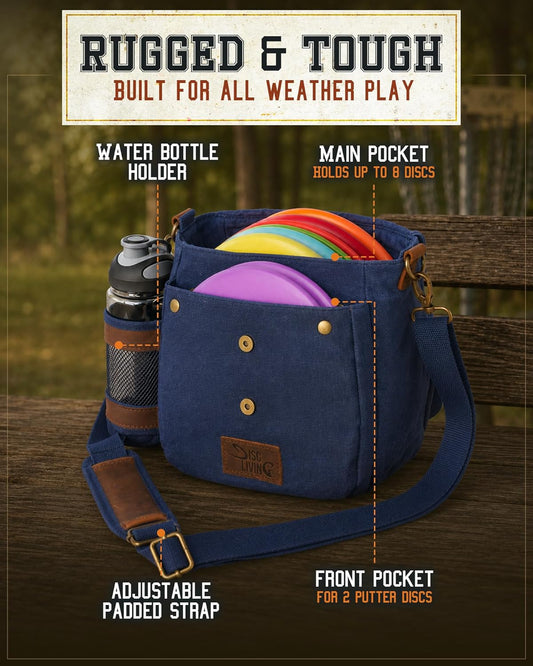 Disc Golf Bag - Lightweight and Durable Waxed Canvas Design, Holds Up to 10 Discs, Includes Bottle Holder and Belt Loop