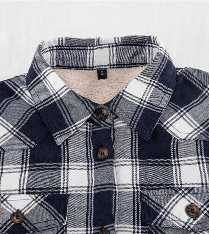 Womens Sherpa Lined Flannel Jacket with Hand Pockets, Plaid Button down Fuzzy Shirt Jackets