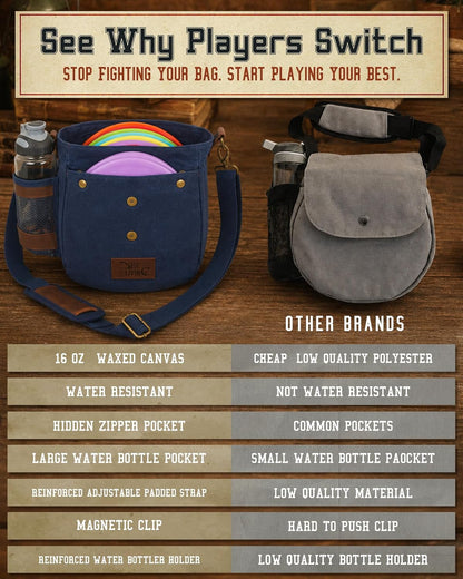Disc Golf Bag - Lightweight and Durable Waxed Canvas Design, Holds Up to 10 Discs, Includes Bottle Holder and Belt Loop