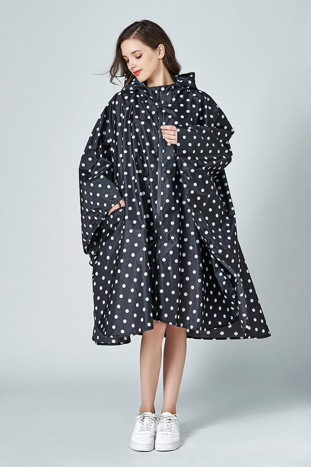 Women's Stylish Waterproof Rain Poncho with Hood and Zipper - One Size Fits All