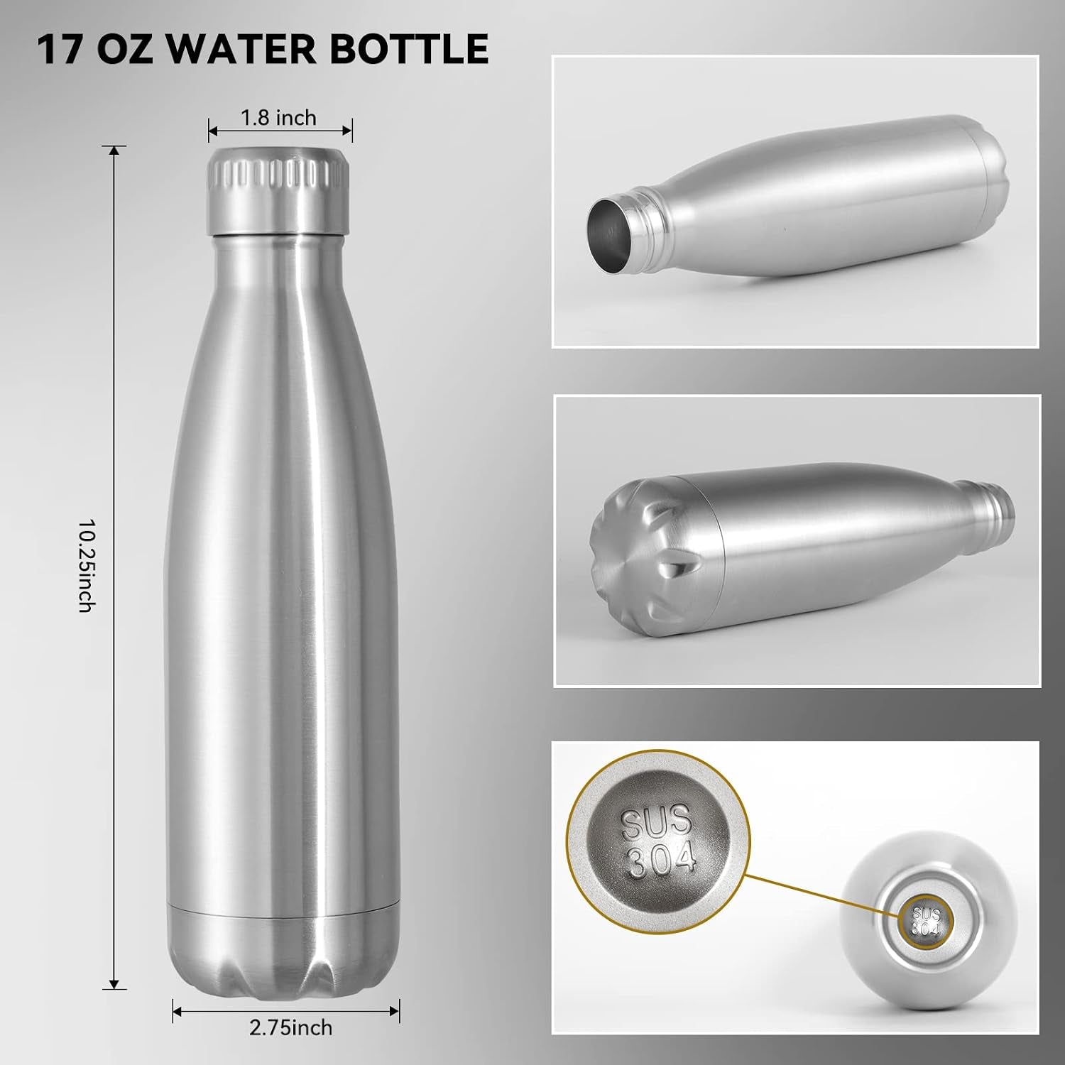 17 oz Stainless Steel Insulated Water Bottles - 8 Pack, Reusable Double Wall Vacuum Cola Shape, BPA Free, Ideal for Camping and Gym, Keeps Beverages Hot or Cold