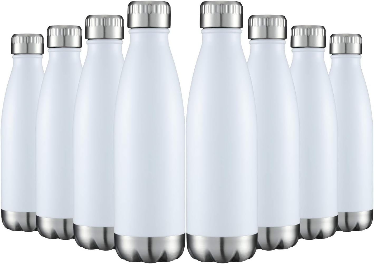 17 oz Stainless Steel Vacuum Insulated Water Bottles, Double-Walled Powder Coated Reusable Metal Sports Bottles, White, Set of 8