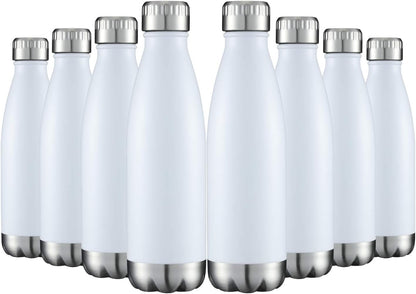 17 oz Stainless Steel Vacuum Insulated Water Bottles, Double-Walled Powder Coated Reusable Metal Sports Bottles, White, Set of 8