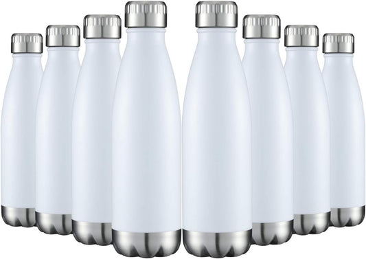 17 oz Stainless Steel Vacuum Insulated Water Bottles, Double-Walled Powder Coated Reusable Metal Sports Bottles, White, Set of 8