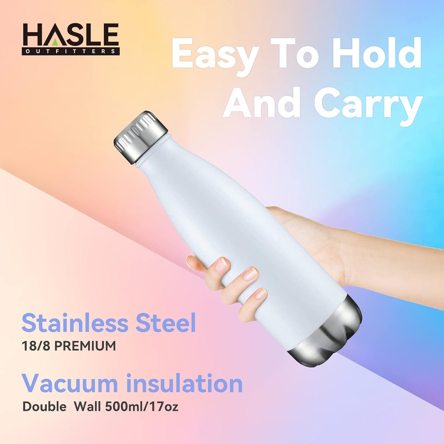 17 oz Stainless Steel Vacuum Insulated Water Bottles, Double-Walled Powder Coated Reusable Metal Sports Bottles, White, Set of 8