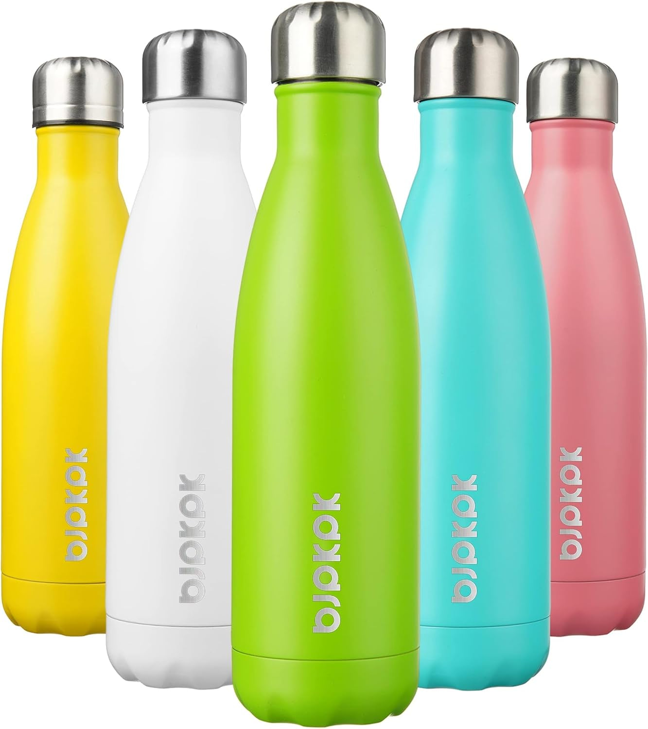 Insulated Stainless Steel Water Bottles - 17oz/500ml, BPA Free, Green - Pack of 5, Keeps Drinks Cold for 24 Hours and Hot for 12 Hours