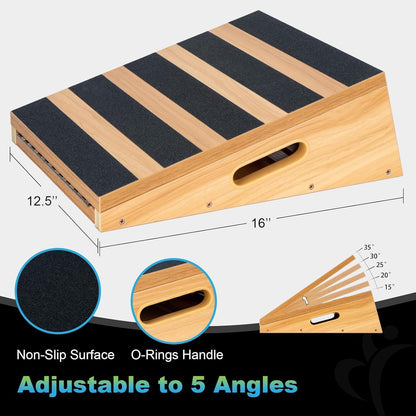 Adjustable Wooden Slant Board and Calf Stretcher with Partial-Coverage Design, Side Handle, 5 Incline Angles, 500 lbs Capacity
