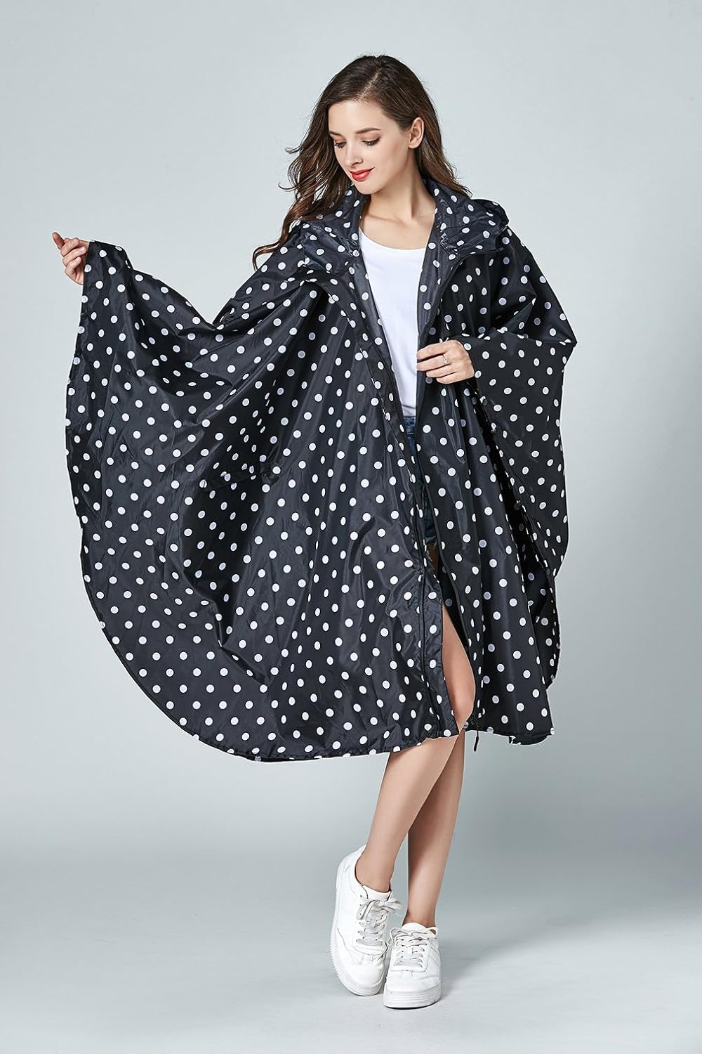 Women's Stylish Waterproof Rain Poncho with Hood and Zipper - One Size Fits All