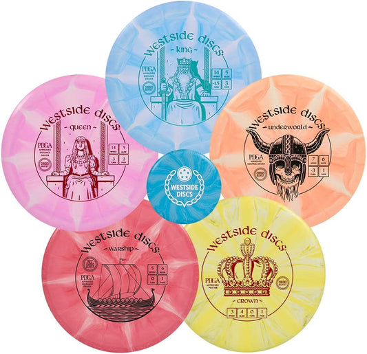 Origio Burst 5-Disc Golf Starter Set - Essential Accessories for Beginners - Includes 2 Drivers, 1 Fairway Driver, Midrange Disc, and Putter - Mini Marker Included - Assorted Colors