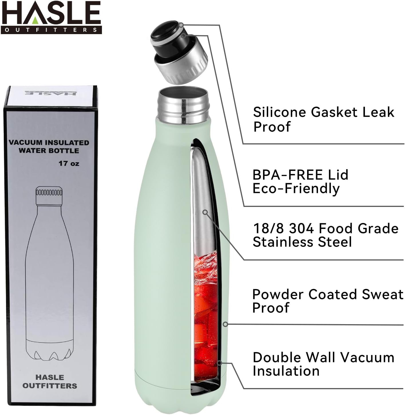 17oz Stainless Steel Vacuum Insulated Water Bottle, Double-Walled Reusable Metal Sports Bottle in Light Green, Single Pack