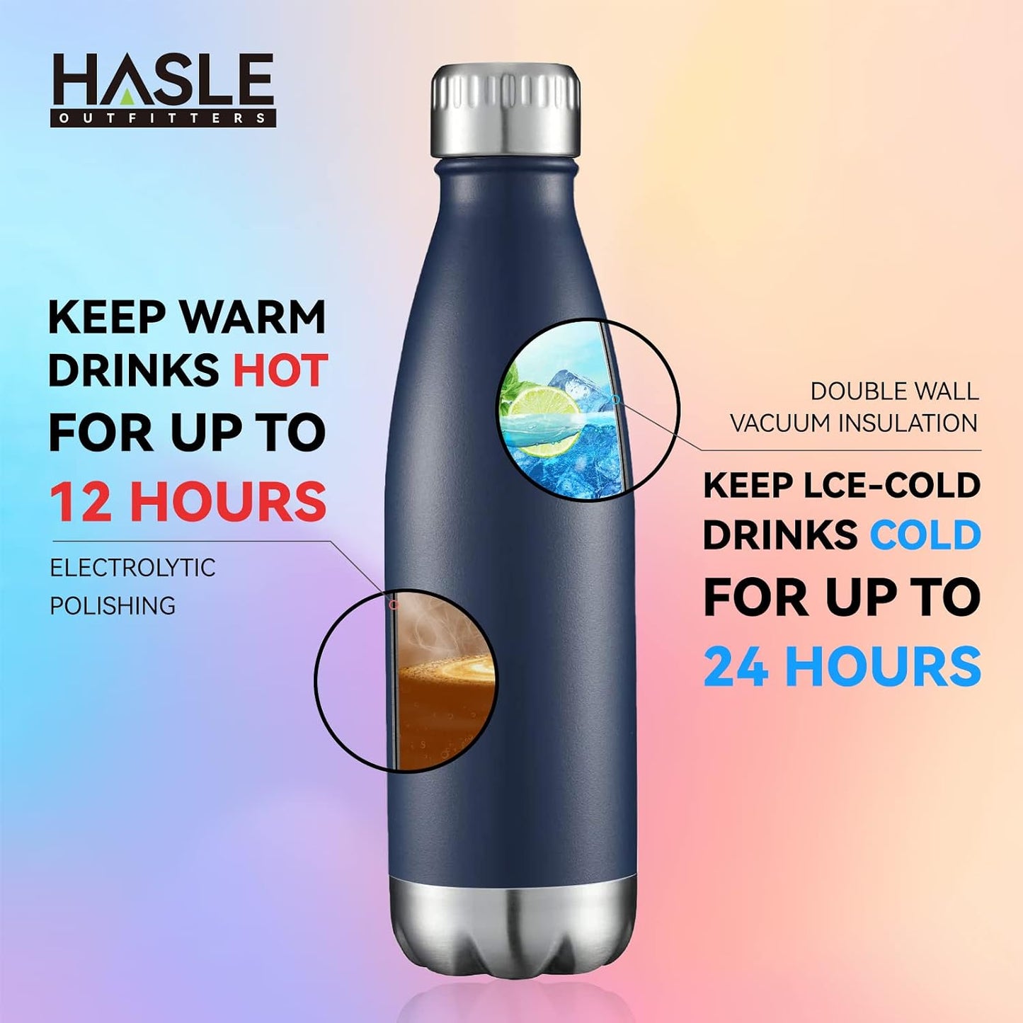 17 oz Vacuum Insulated Stainless Steel Water Bottles - Double Walled, Powder Coated, Reusable Metal Sports Bottles - Navy, Set of 4