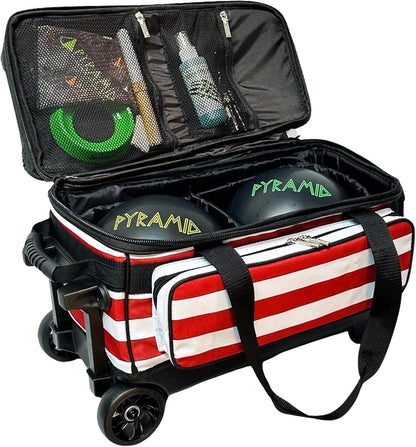 Deluxe Double Roller Bowling Bag for Two Balls with Spacious Shoe Compartment and Accessory Pockets, Durable Square Handle Extending to 40 Inches - Professional Options Available