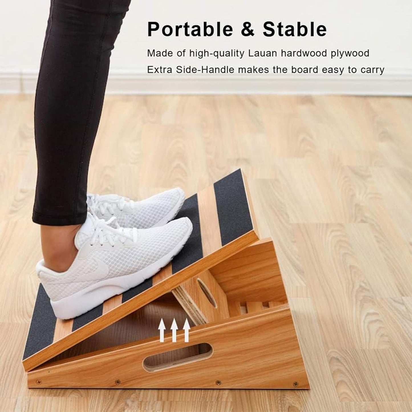 Adjustable Wooden Slant Board and Calf Stretcher with Partial-Coverage Design, Side Handle, 5 Incline Angles, 500 lbs Capacity