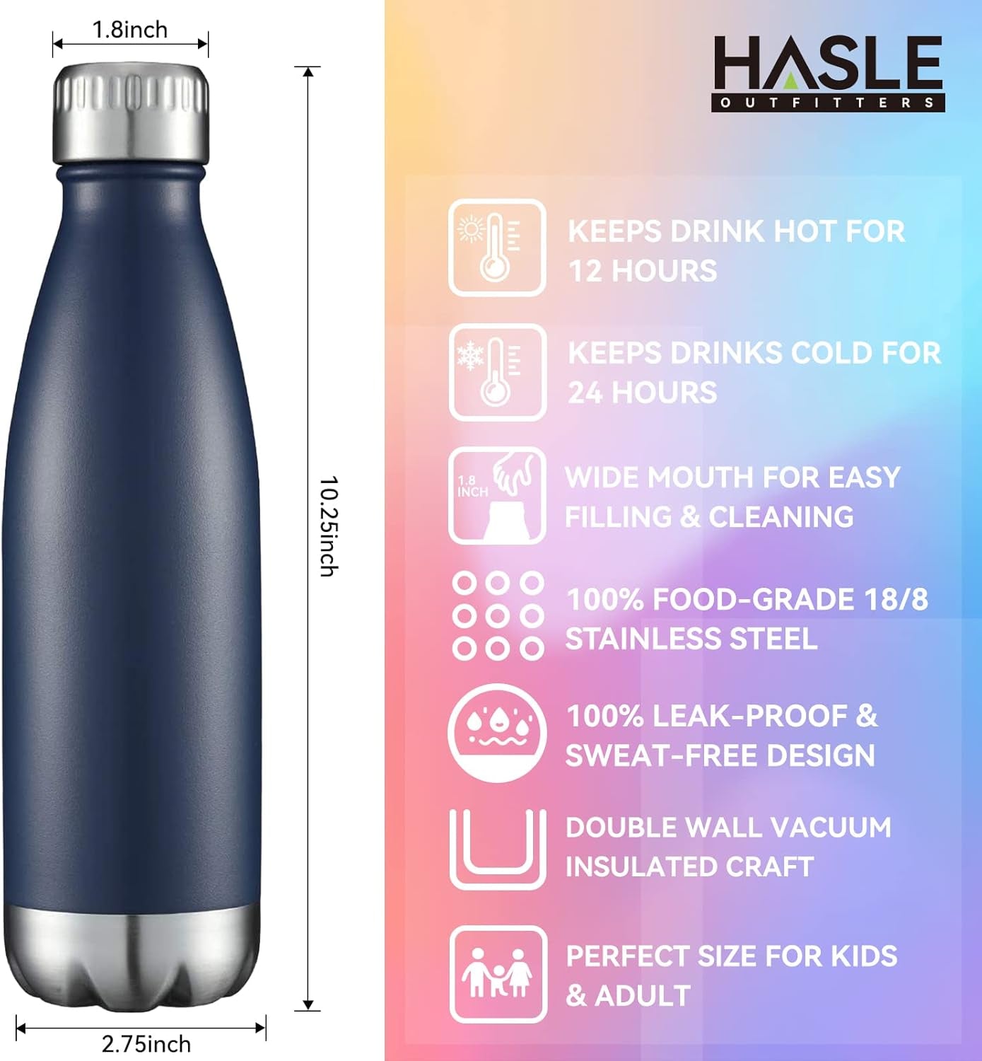 17 oz Vacuum Insulated Stainless Steel Water Bottles - Double Walled, Powder Coated, Reusable Metal Sports Bottles - Navy, Set of 4