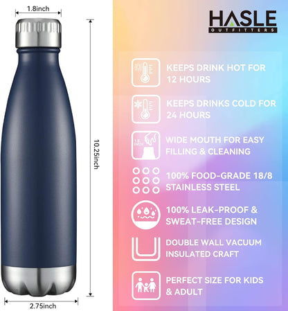 17 oz Vacuum Insulated Stainless Steel Water Bottles - Double Walled, Powder Coated, Reusable Metal Sports Bottles - Navy, Set of 4