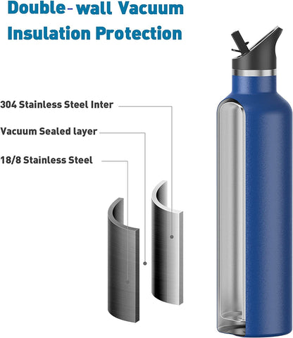 Stainless Steel Vacuum Insulated Double Wall Water Bottle with Straw Lid - Keeps Beverages Cold for 24 Hours and Hot for 12 Hours, Ideal for Hiking and Sports