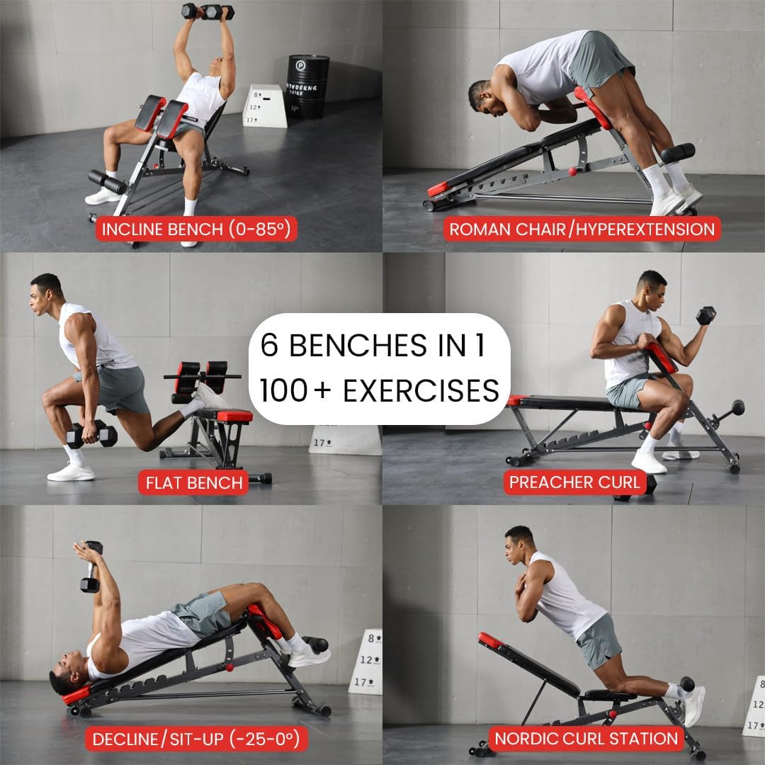 Finer Form Multi-Functional FID Weight Bench for Comprehensive Body Workout – Hyper Back Extension, Roman Chair, Adjustable Sit-Up Bench, Incline/Decline Bench, Flat Bench