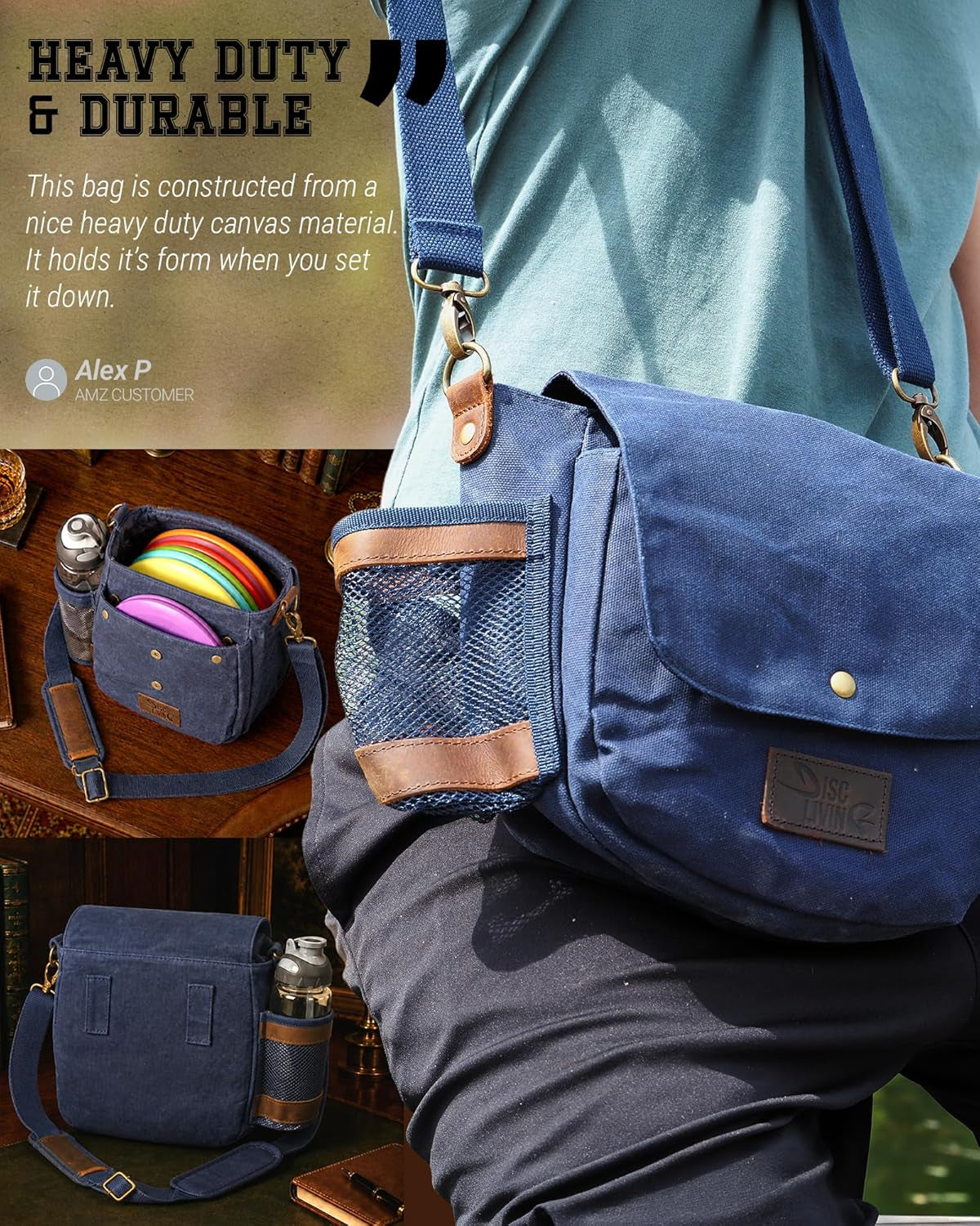 Disc Golf Bag - Lightweight and Durable Waxed Canvas Design, Holds Up to 10 Discs, Includes Bottle Holder and Belt Loop