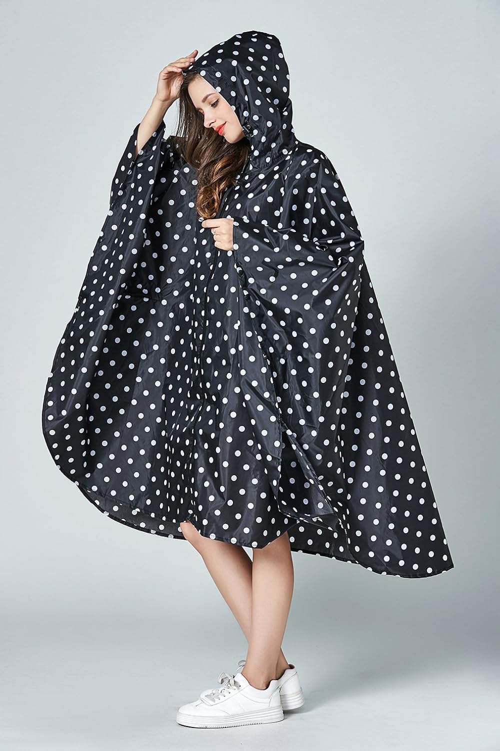 Women's Stylish Waterproof Rain Poncho with Hood and Zipper - One Size Fits All
