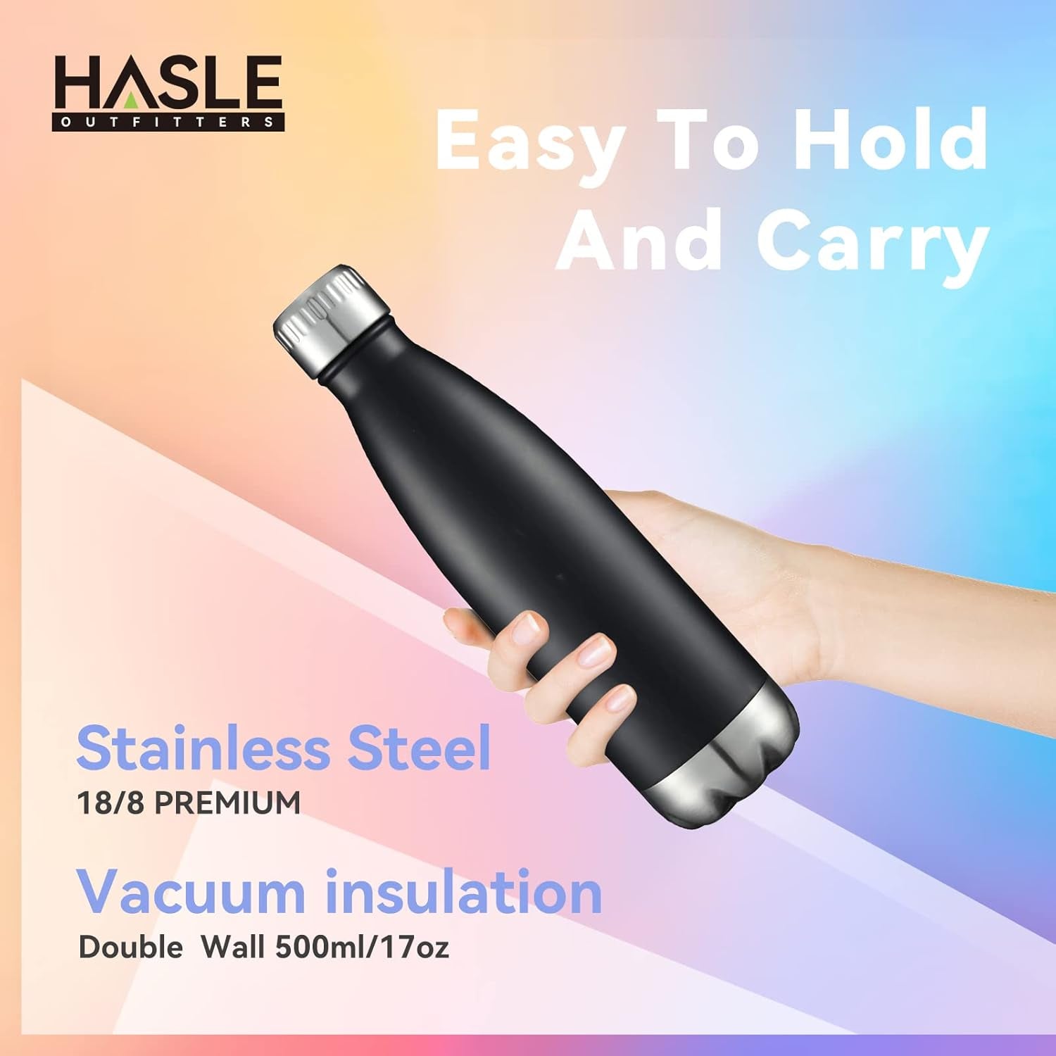17 oz Vacuum Insulated Stainless Steel Water Bottles - Bulk Pack of 8, Double-Walled Design for Hot and Cold Beverages, Black Finish