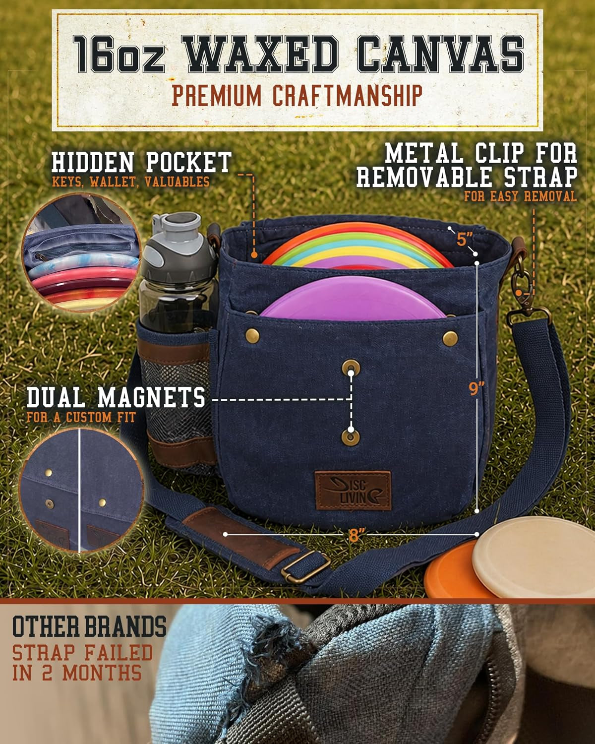 Disc Golf Bag - Lightweight and Durable Waxed Canvas Design, Holds Up to 10 Discs, Includes Bottle Holder and Belt Loop