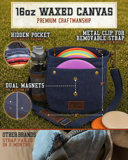Disc Golf Bag - Lightweight and Durable Waxed Canvas Design, Holds Up to 10 Discs, Includes Bottle Holder and Belt Loop