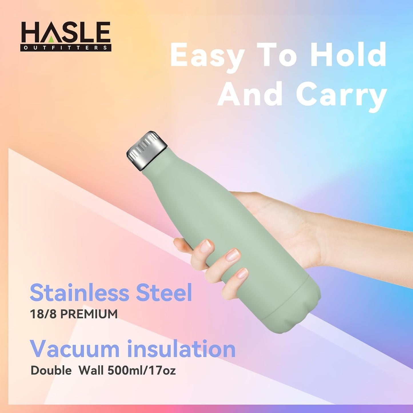 17oz Stainless Steel Vacuum Insulated Water Bottle, Double-Walled Reusable Metal Sports Bottle in Light Green, Single Pack