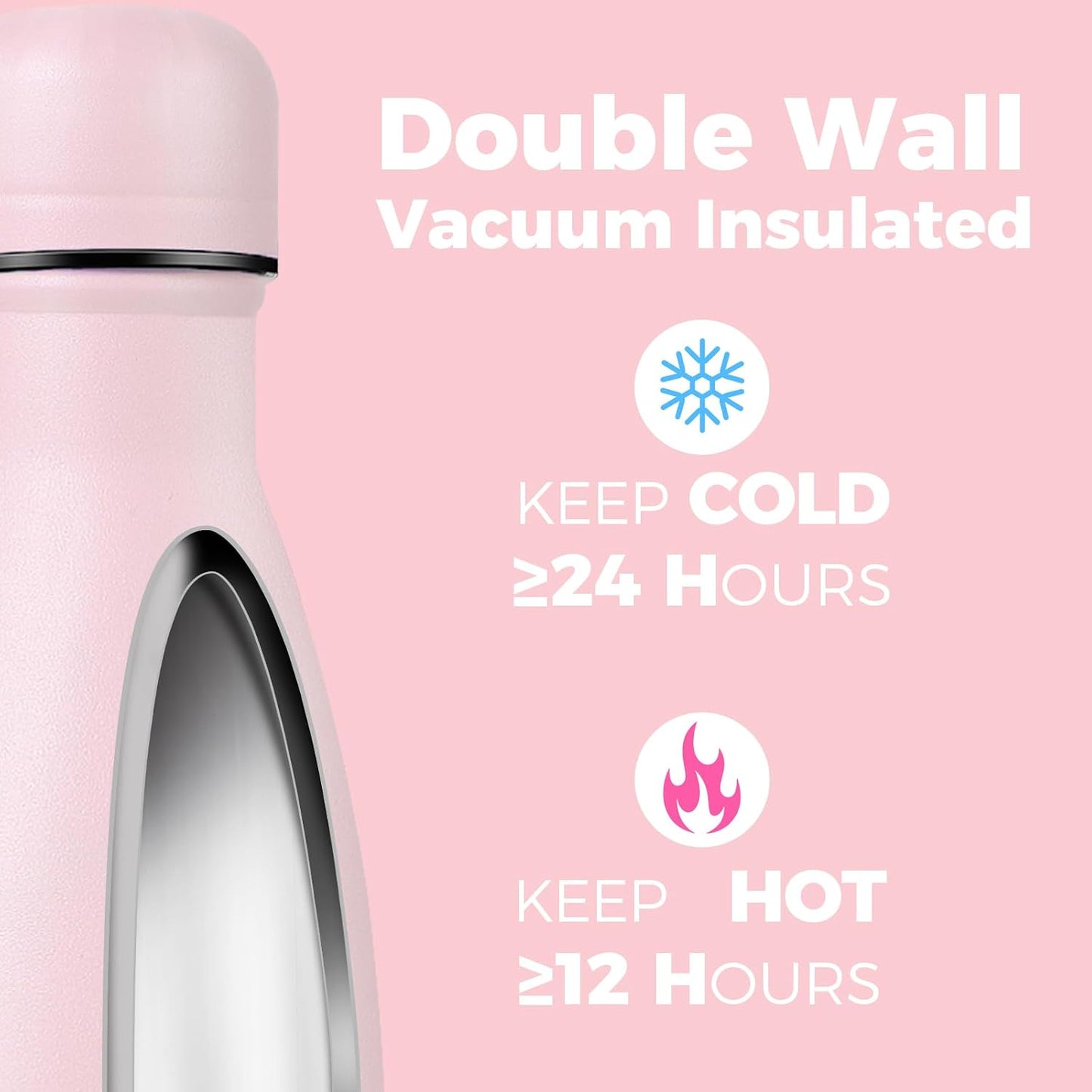 17 oz Insulated Stainless Steel Water Bottle - Double Wall Vacuum Flask, Retains Cold for 24 Hours & Heat for 12 Hours, Available in Packs of 1, 4, 8, or 12 (Pink, Single Pack)