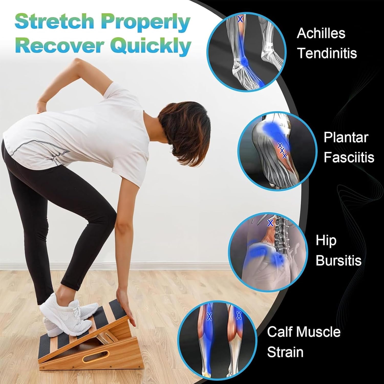 Adjustable Wooden Slant Board and Calf Stretcher with Partial-Coverage Design, Side Handle, 5 Incline Angles, 500 lbs Capacity