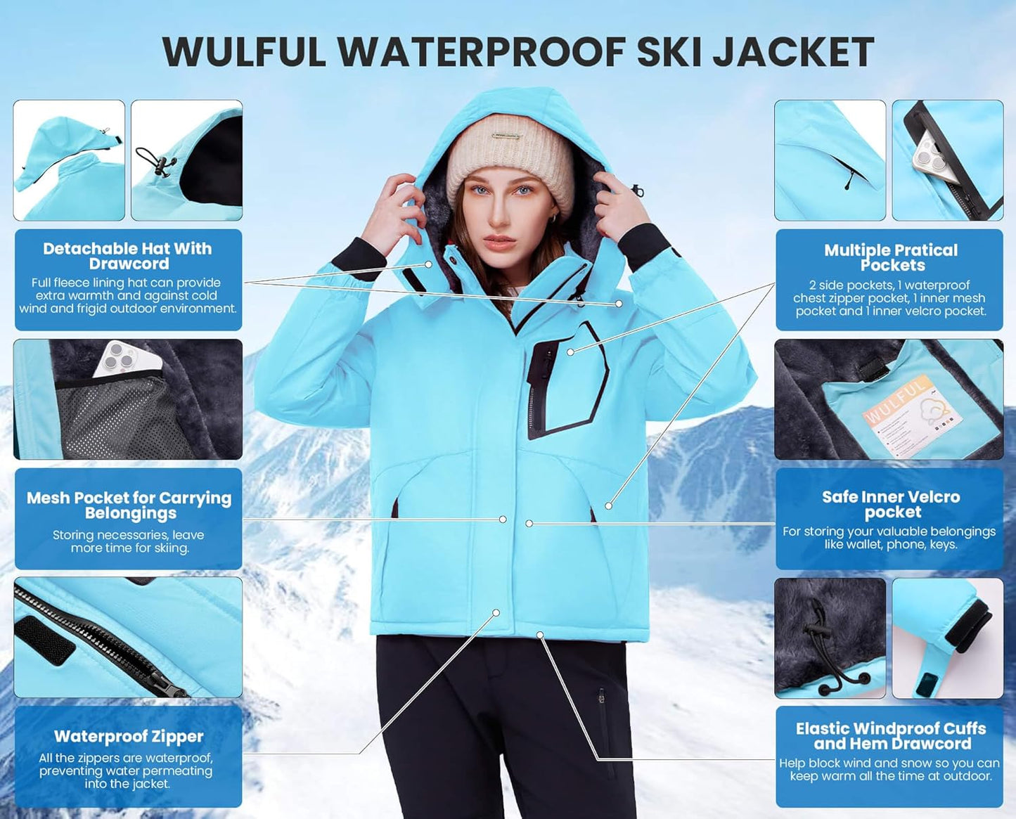 Women's Waterproof Ski Jacket - Warm Winter Coat with Fleece Lining and Windproof Hood