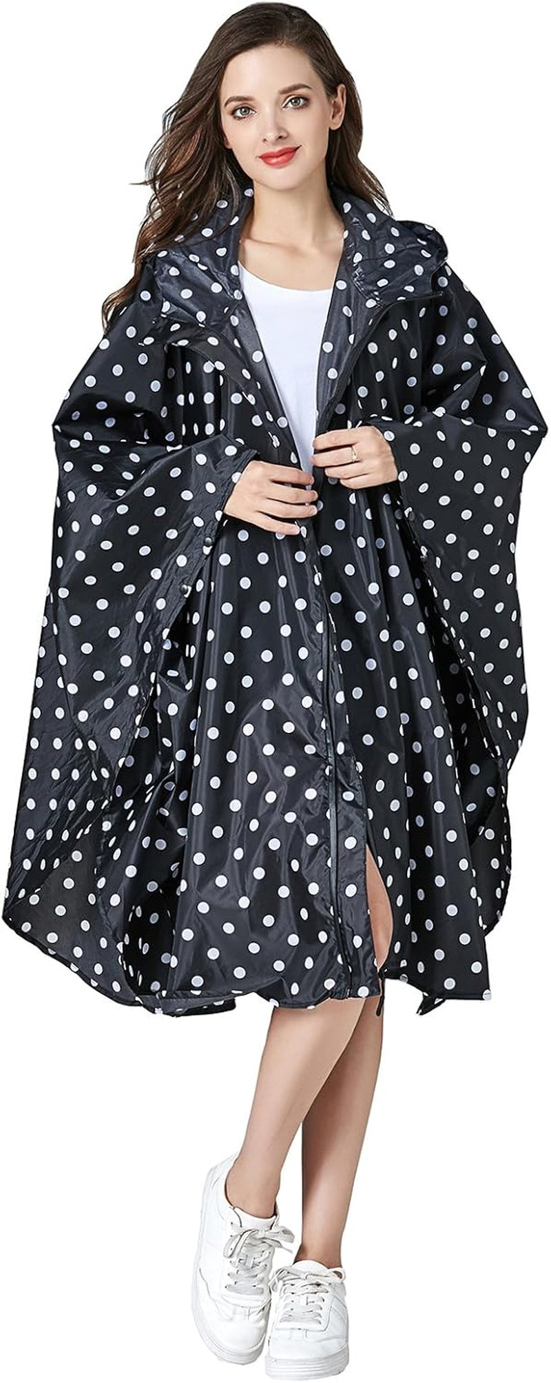 Women's Stylish Waterproof Rain Poncho with Hood and Zipper - One Size Fits All