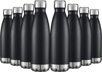 17 oz Vacuum Insulated Stainless Steel Water Bottles - Bulk Pack of 8, Double-Walled Design for Hot and Cold Beverages, Black Finish
