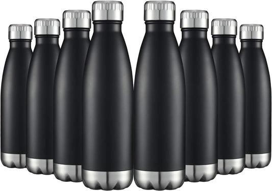 17 oz Vacuum Insulated Stainless Steel Water Bottles - Bulk Pack of 8, Double-Walled Design for Hot and Cold Beverages, Black Finish