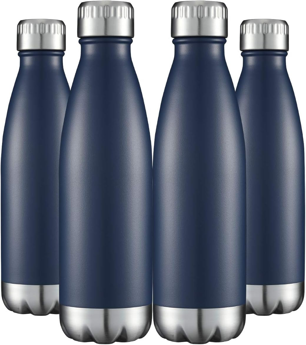 17 oz Vacuum Insulated Stainless Steel Water Bottles - Double Walled, Powder Coated, Reusable Metal Sports Bottles - Navy, Set of 4