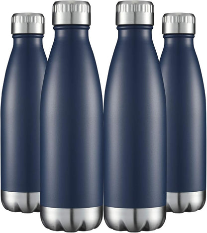 17 oz Vacuum Insulated Stainless Steel Water Bottles - Double Walled, Powder Coated, Reusable Metal Sports Bottles - Navy, Set of 4