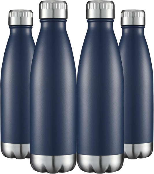 17 oz Vacuum Insulated Stainless Steel Water Bottles - Double Walled, Powder Coated, Reusable Metal Sports Bottles - Navy, Set of 4
