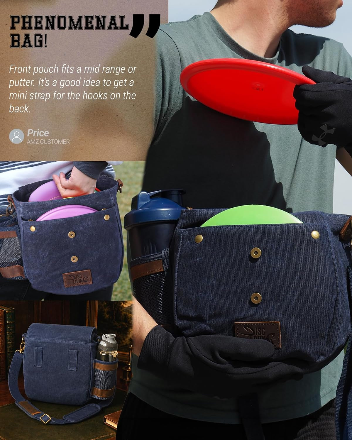 Disc Golf Bag - Lightweight and Durable Waxed Canvas Design, Holds Up to 10 Discs, Includes Bottle Holder and Belt Loop
